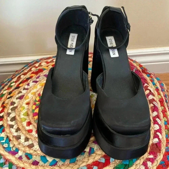 Steve Madden Charlize  black platform satin Maryjane babies heeled pumps shoes - Picture 2 of 10